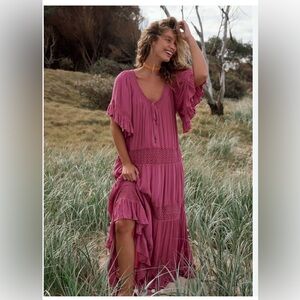 Free People Dream On Pink Mauve Maxi Flutter Sleeve Gauze Dress Medium